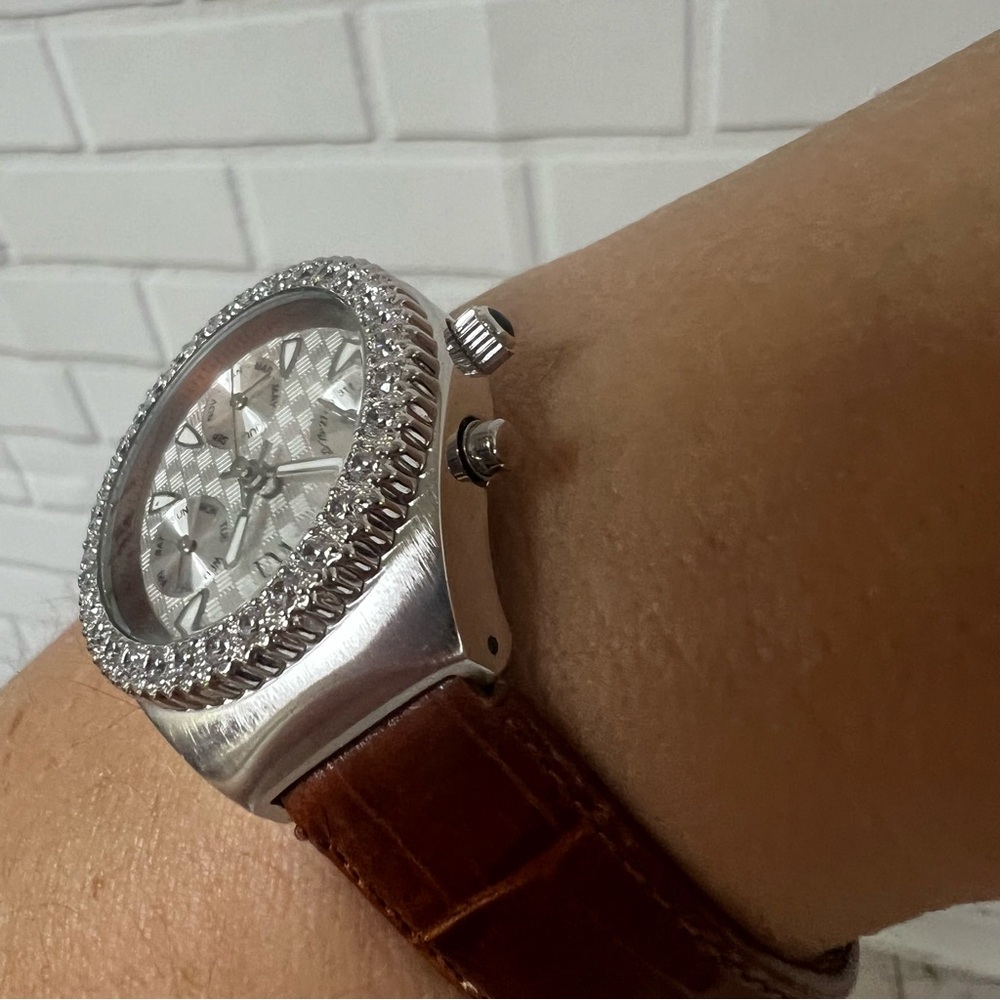 DMQ Diamonique Watch Brown Leather strap Silver Tone Jeweled QVC - Picture 14 of 14